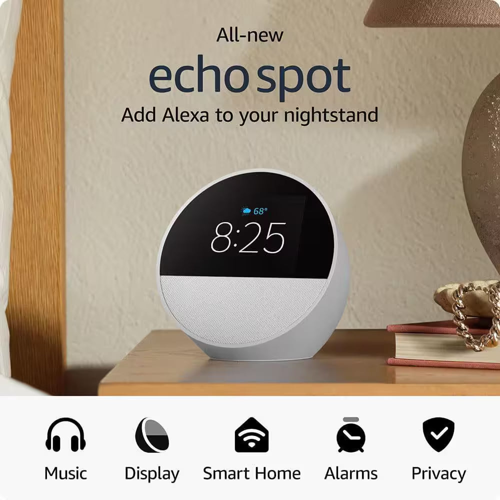 Echo Spot (2024 Release) Smart Alarm Clock with Vibrant Sound plus Alexa, Glacier White