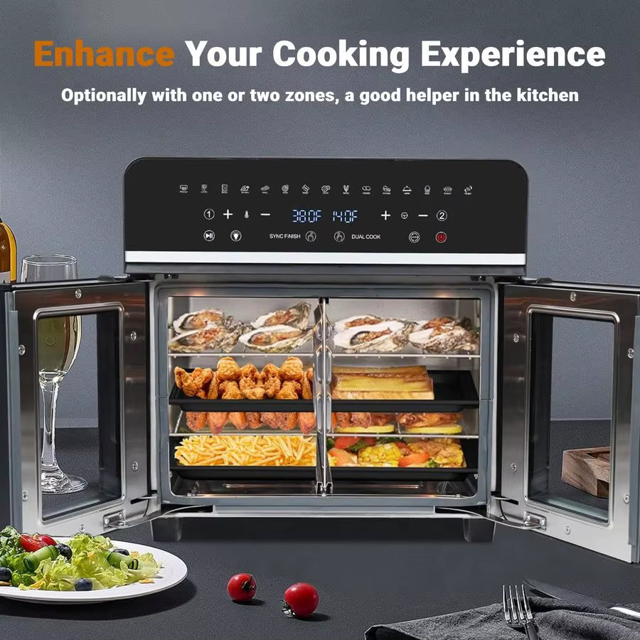 Large Air Fryer Toaster Oven Combo French Double Door Airfryer, 15 Cooking Functions Touch Dual Zone Independent Control Electri