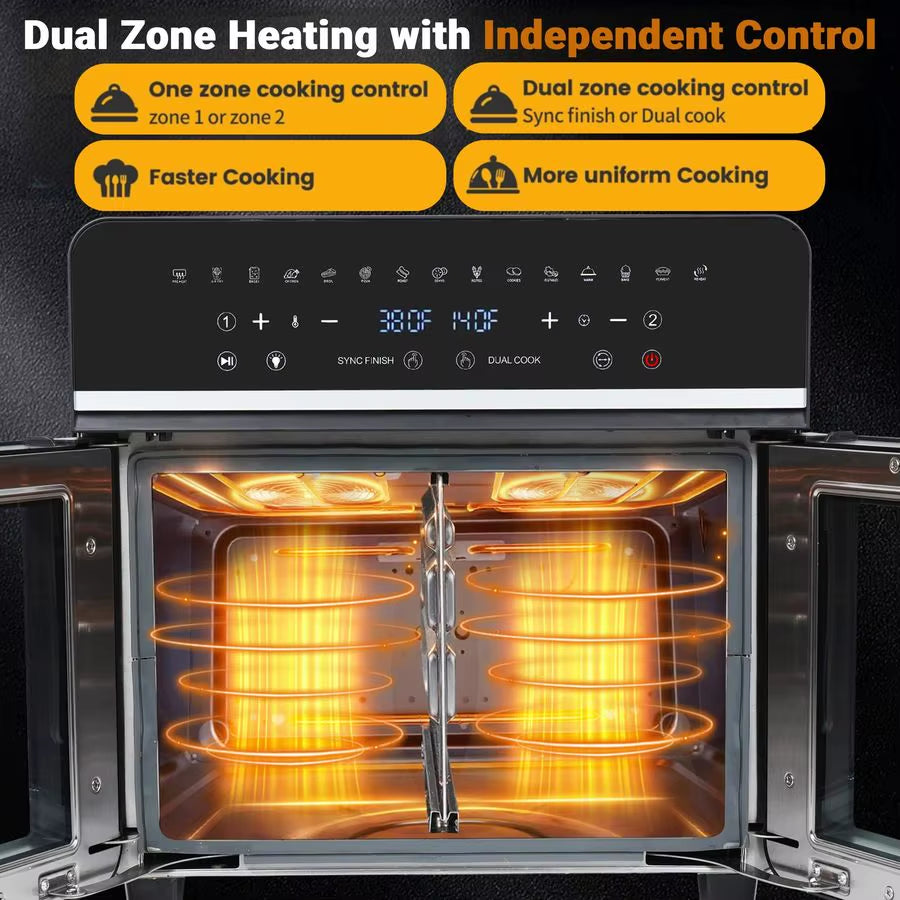 Large Air Fryer Toaster Oven Combo French Double Door Airfryer, 15 Cooking Functions Touch Dual Zone Independent Control Electri