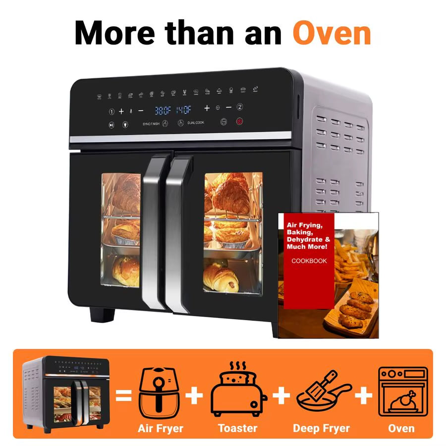 Large Air Fryer Toaster Oven Combo French Double Door Airfryer, 15 Cooking Functions Touch Dual Zone Independent Control Electri